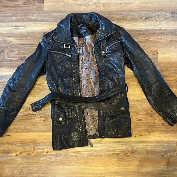 Lambskin leather belted Andrew Marc moto jacket, Small - Picture 1 of 8